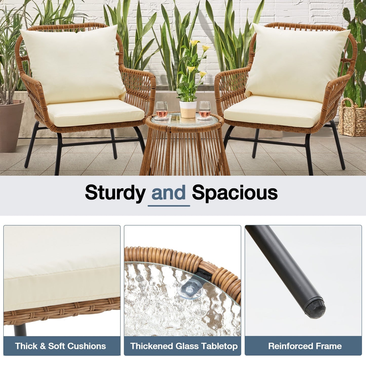 Set da bistrot da conversazione per patio da 3 pezzi, set di mobili da esterno in rattan con tavolo in vetro e 2 poltrone larghe, cuscini per seduta