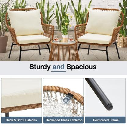 Set da bistrot da conversazione per patio da 3 pezzi, set di mobili da esterno in rattan con tavolo in vetro e 2 poltrone larghe, cuscini per seduta