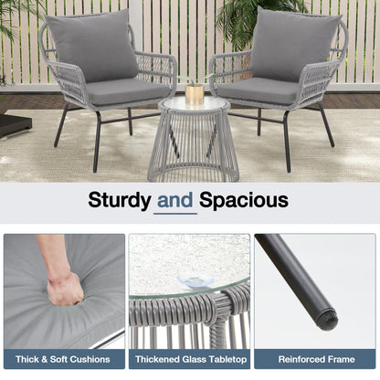 Set da bistrot da conversazione per patio da 3 pezzi, set di mobili da esterno in rattan con tavolo in vetro e 2 poltrone larghe, cuscini per seduta