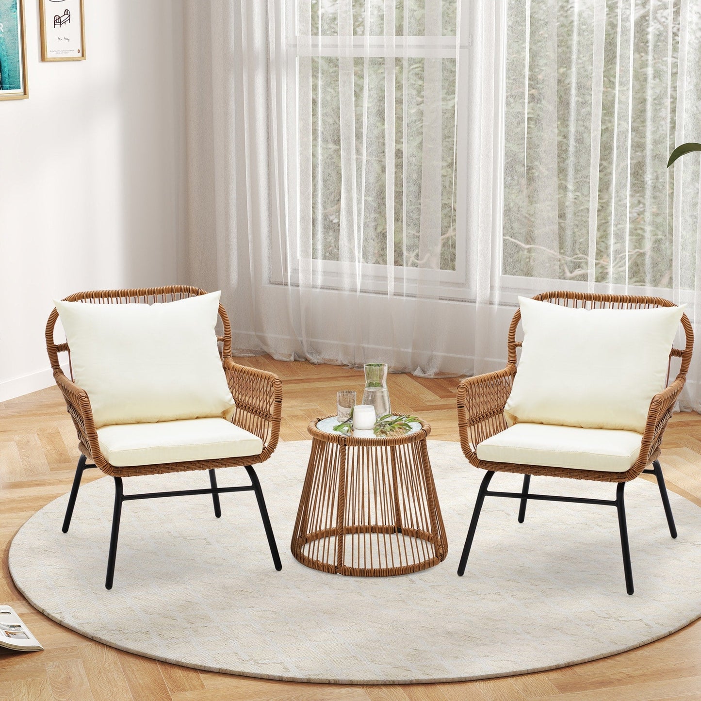 Set da bistrot da conversazione per patio da 3 pezzi, set di mobili da esterno in rattan con tavolo in vetro e 2 poltrone larghe, cuscini per seduta