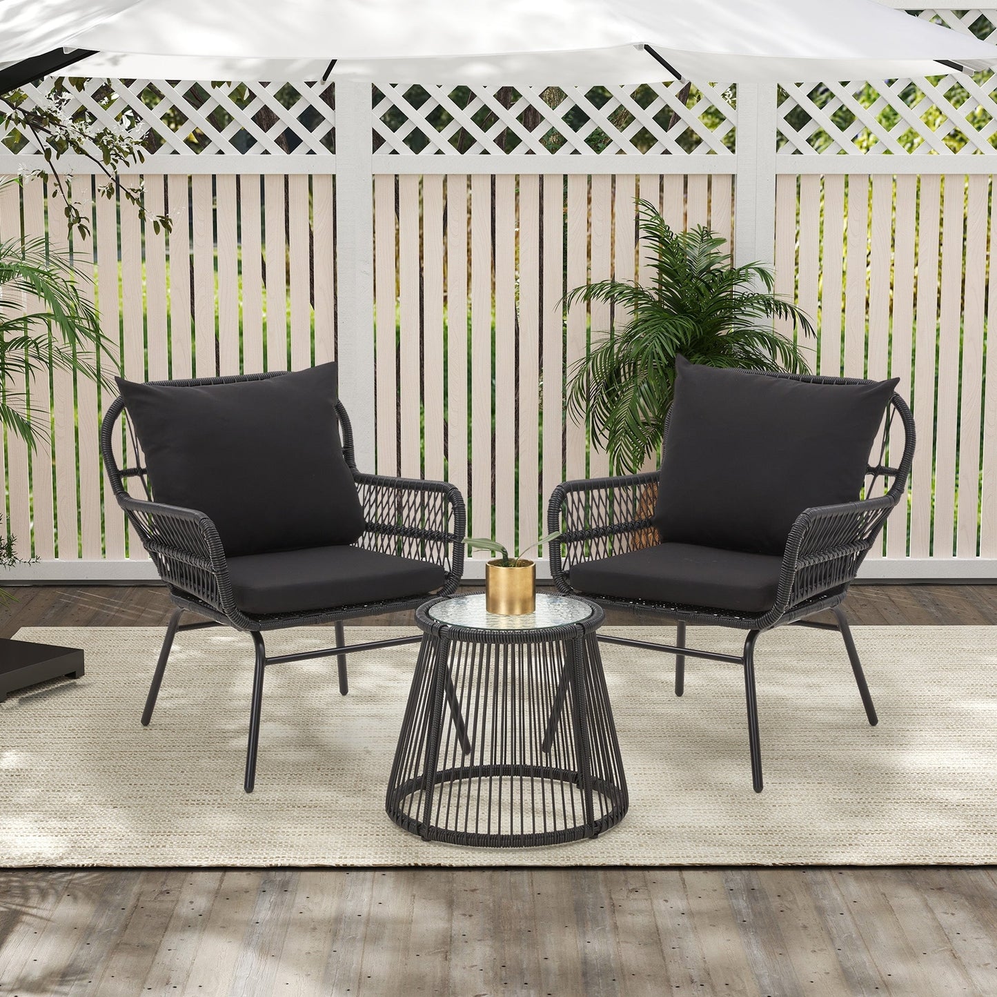 Set da bistrot da conversazione per patio da 3 pezzi, set di mobili da esterno in rattan con tavolo in vetro e 2 poltrone larghe, cuscini per seduta