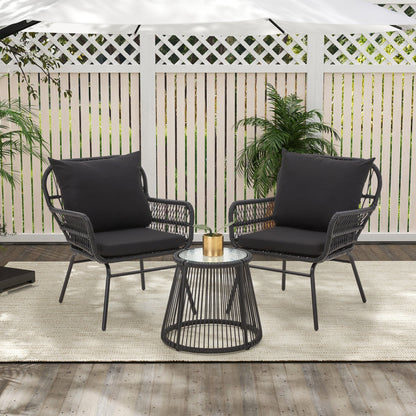 Set da bistrot da conversazione per patio da 3 pezzi, set di mobili da esterno in rattan con tavolo in vetro e 2 poltrone larghe, cuscini per seduta