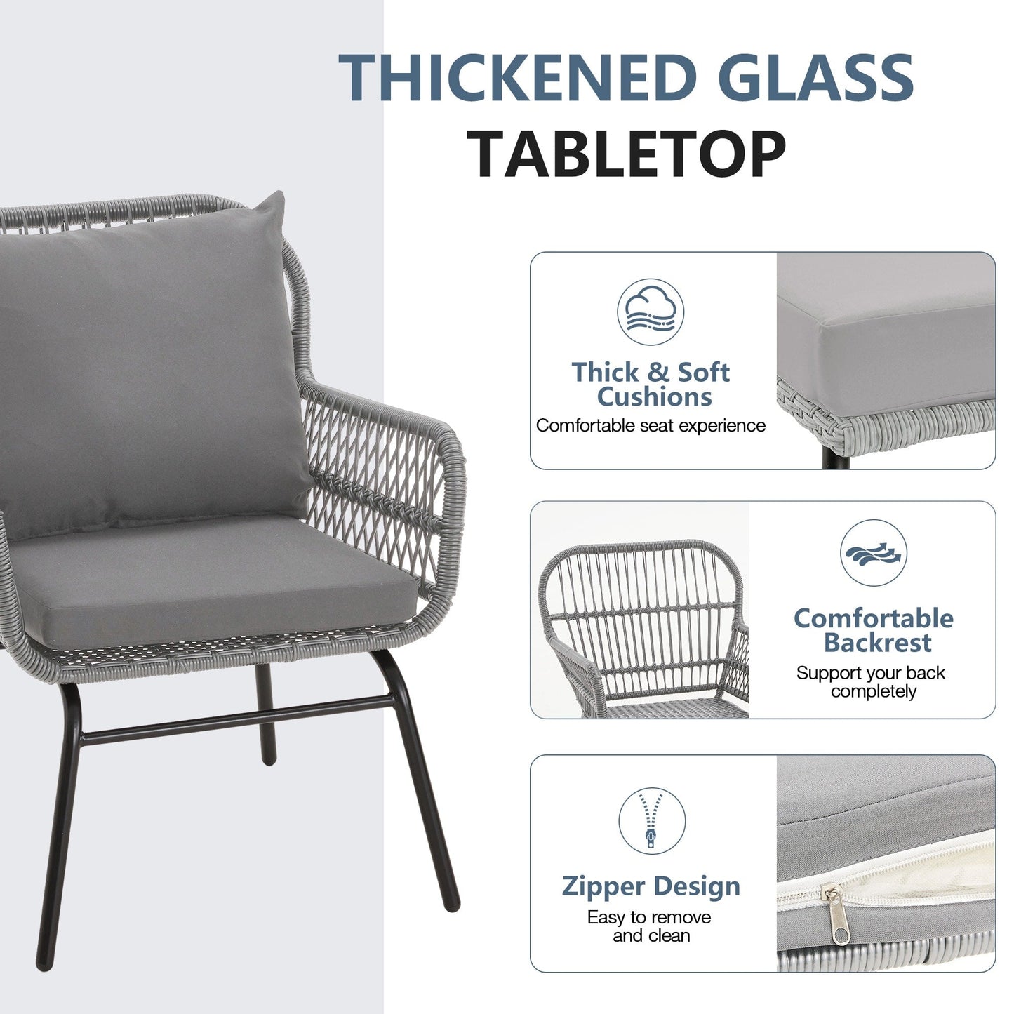 Set da bistrot da conversazione per patio da 3 pezzi, set di mobili da esterno in rattan con tavolo in vetro e 2 poltrone larghe, cuscini per seduta