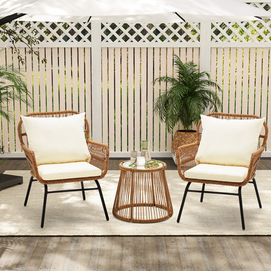 Set da bistrot da conversazione per patio da 3 pezzi, set di mobili da esterno in rattan con tavolo in vetro e 2 poltrone larghe, cuscini per seduta