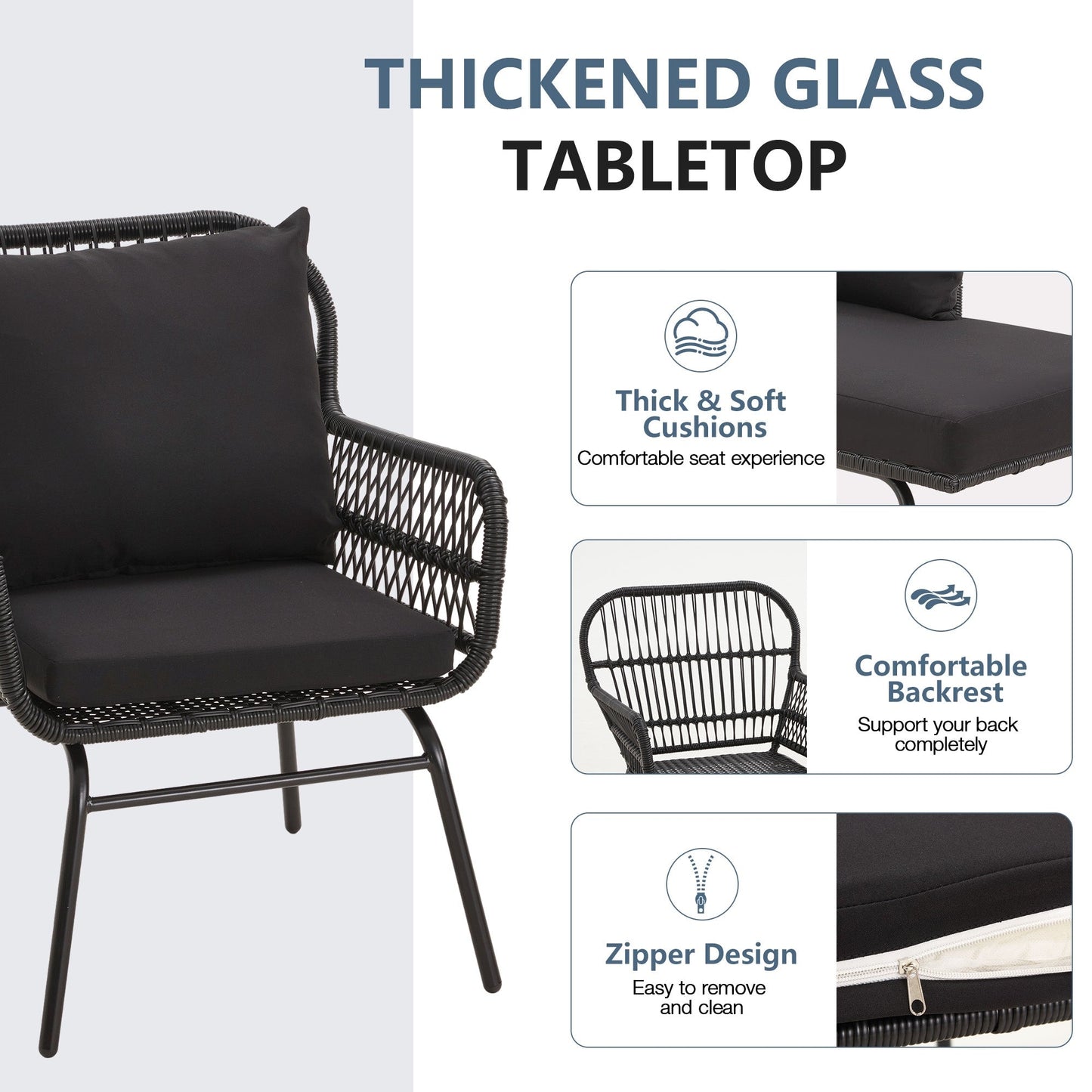 Set da bistrot da conversazione per patio da 3 pezzi, set di mobili da esterno in rattan con tavolo in vetro e 2 poltrone larghe, cuscini per seduta