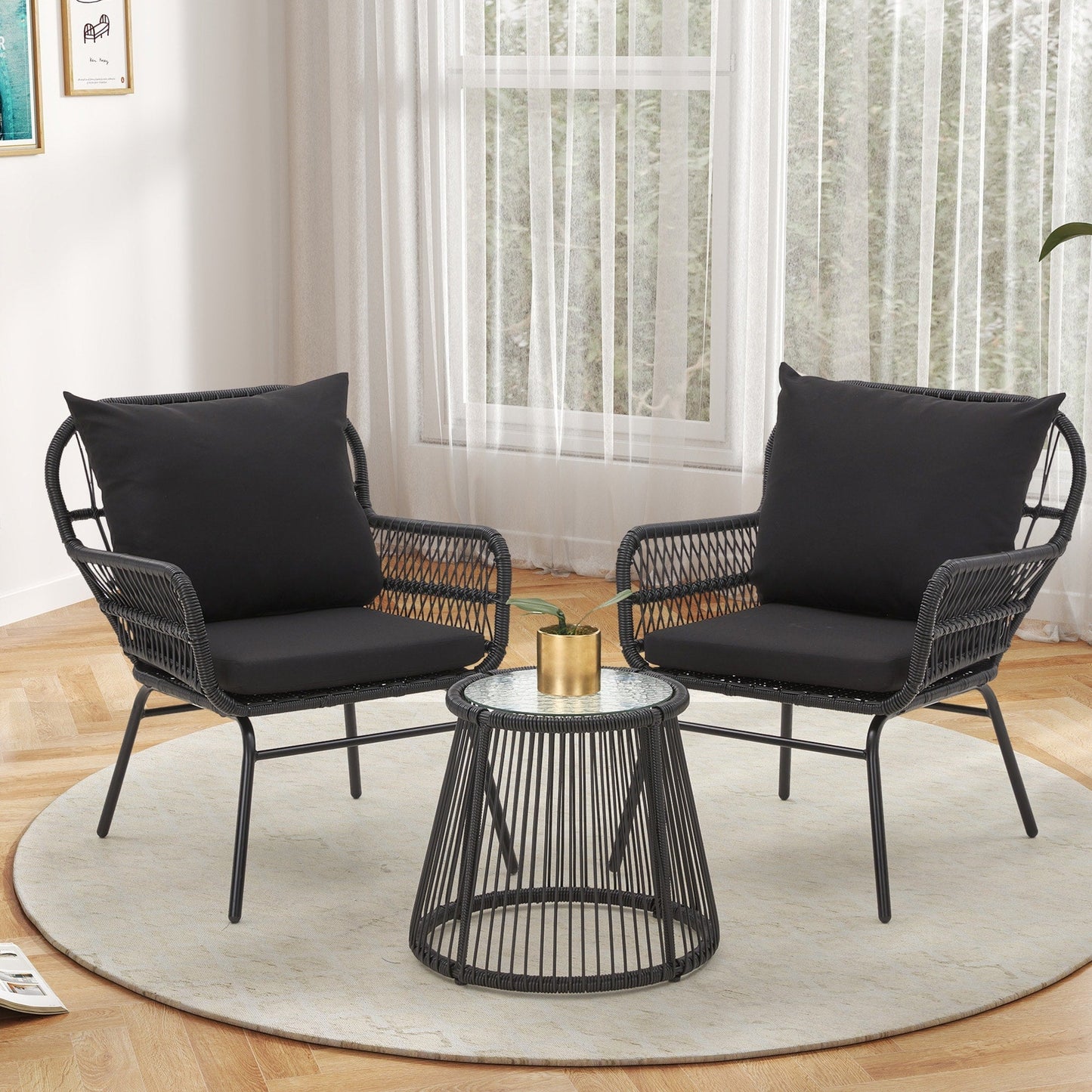 Set da bistrot da conversazione per patio da 3 pezzi, set di mobili da esterno in rattan con tavolo in vetro e 2 poltrone larghe, cuscini per seduta