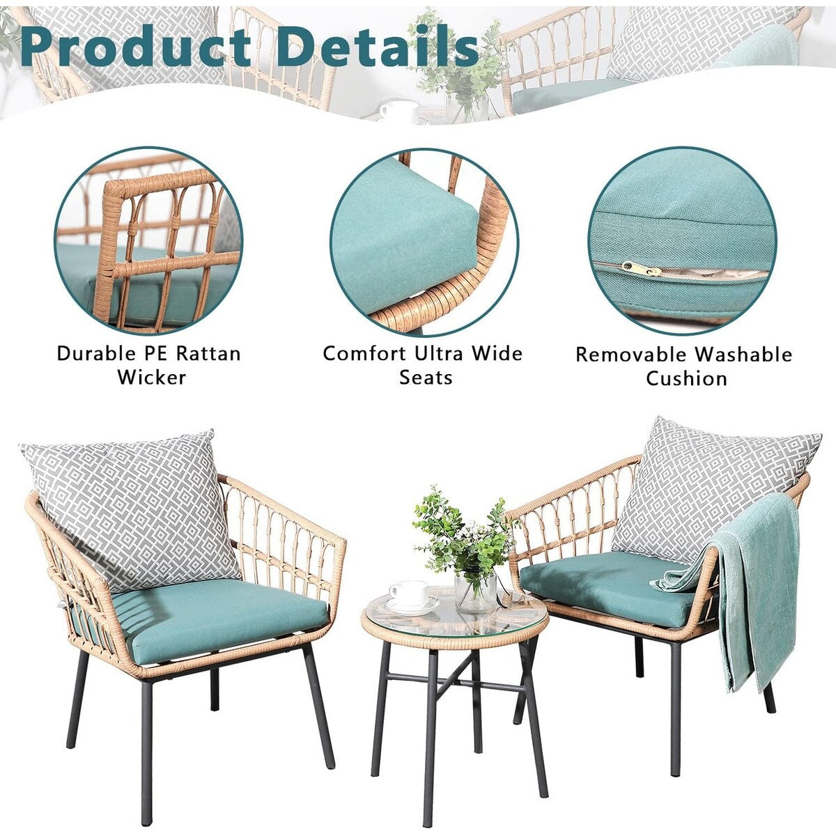 Set da bistrot per conversazione all'aperto da 3 pezzi con tavolo da caffè temperato e sedie in vimini per giardino, balcone, cortile