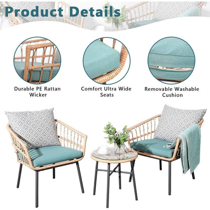 Set da bistrot per conversazione all'aperto da 3 pezzi con tavolo da caffè temperato e sedie in vimini per giardino, balcone, cortile