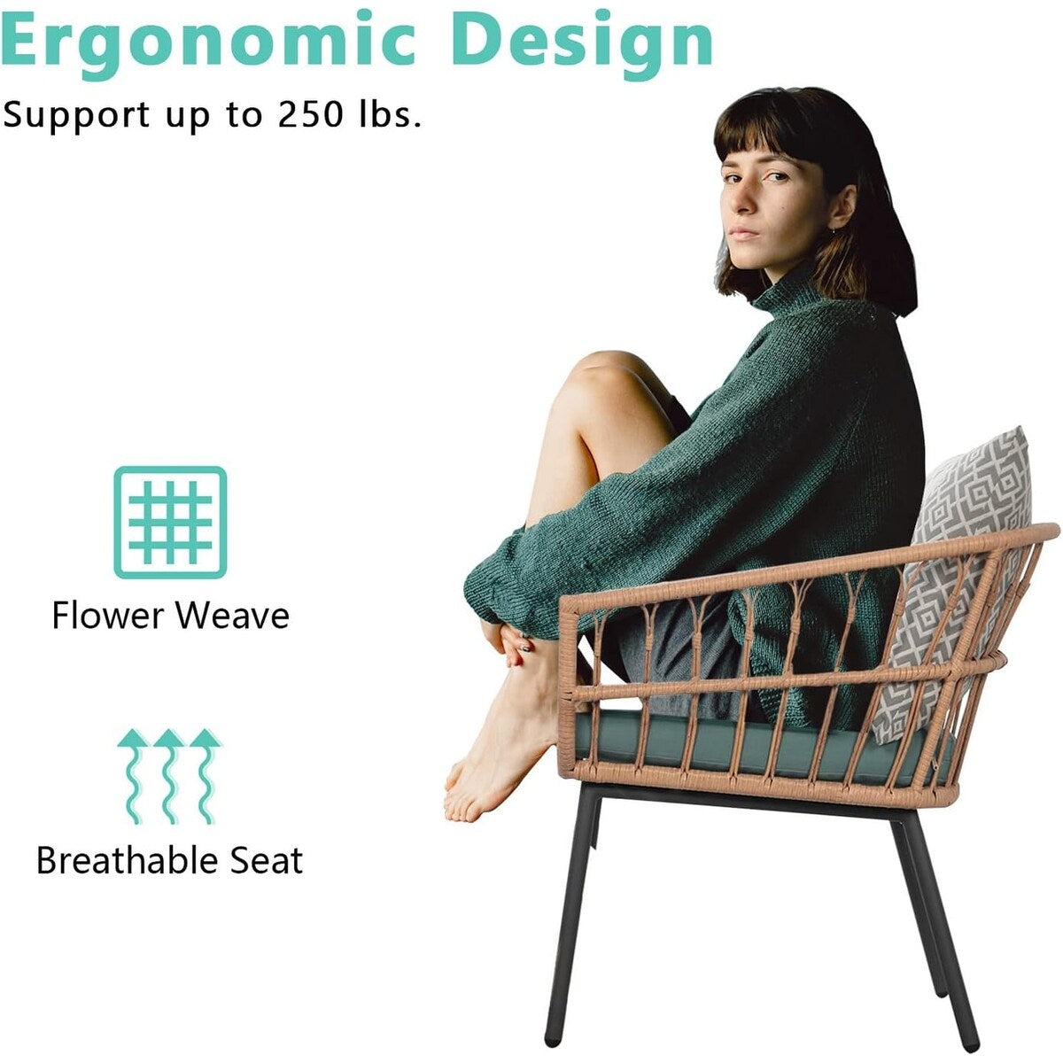 Set da bistrot per conversazione all'aperto da 3 pezzi con tavolo da caffè temperato e sedie in vimini per giardino, balcone, cortile