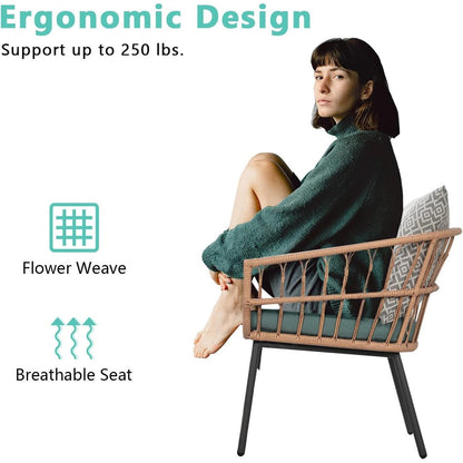 Set da bistrot per conversazione all'aperto da 3 pezzi con tavolo da caffè temperato e sedie in vimini per giardino, balcone, cortile