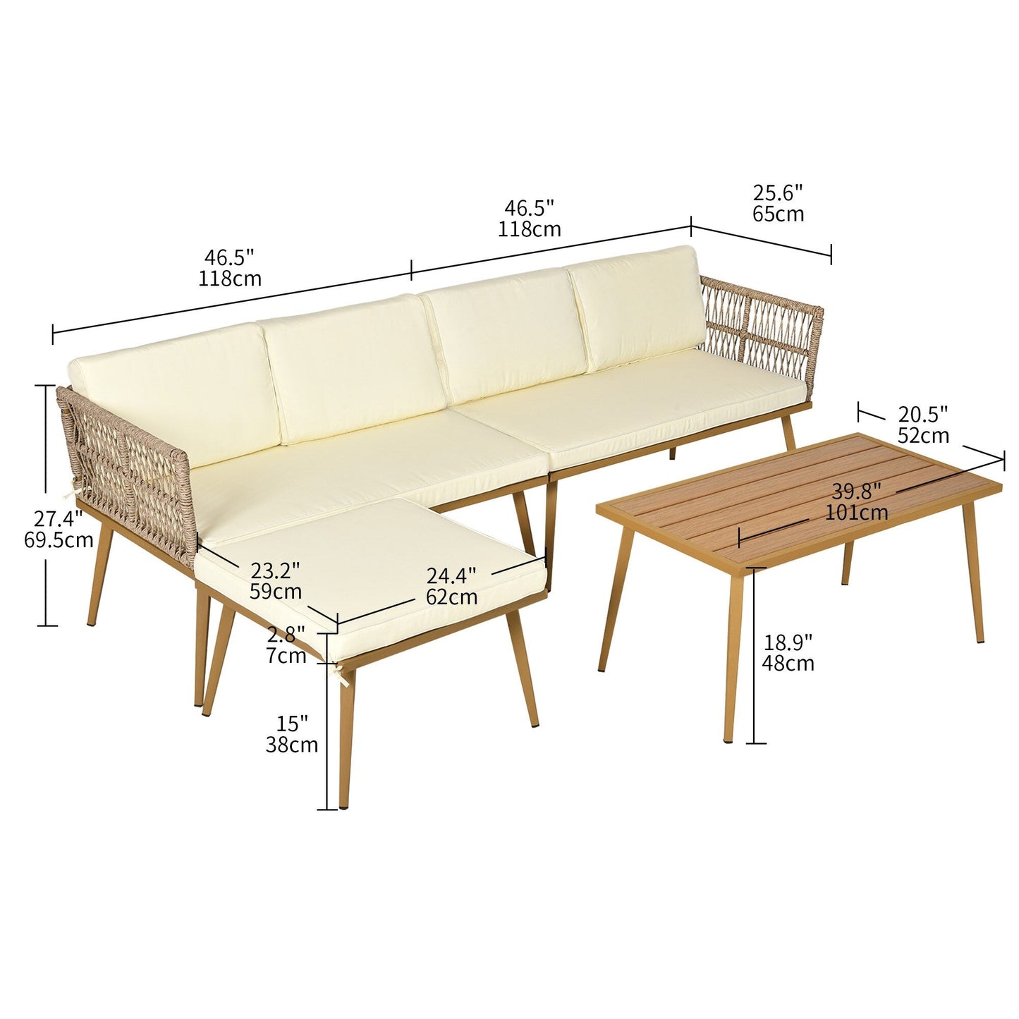 Set da conversazione per patio esterno Moasis da 4 pezzi, divano componibile a L in vimini con cuscini e tavolino laterale