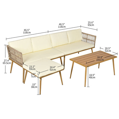 Set da conversazione per patio esterno Moasis da 4 pezzi, divano componibile a L in vimini con cuscini e tavolino laterale