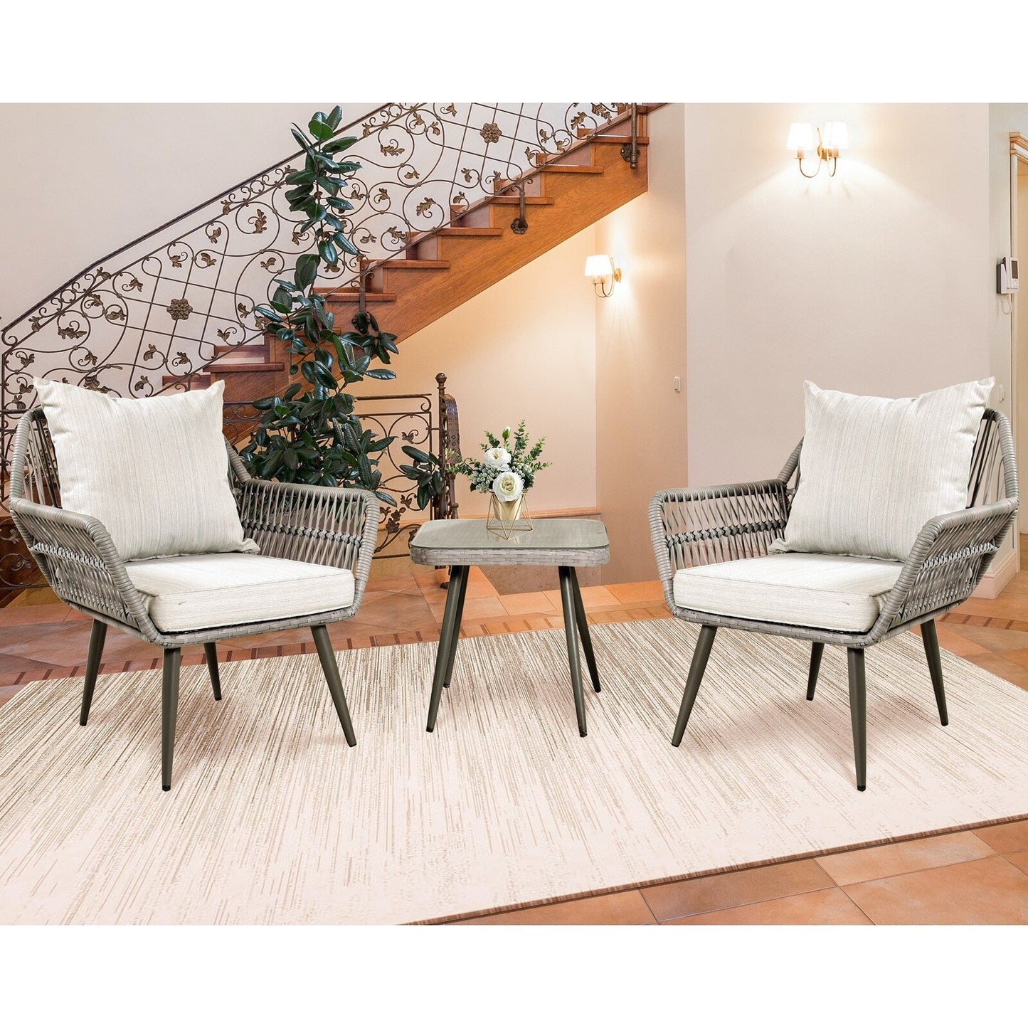 Set di mobili da giardino da 3 pezzi, piccolo set da esterno in vimini e rattan, set da bistrot per veranda anteriore, sedie da giardino, set da conversazione con tavolo in vetro