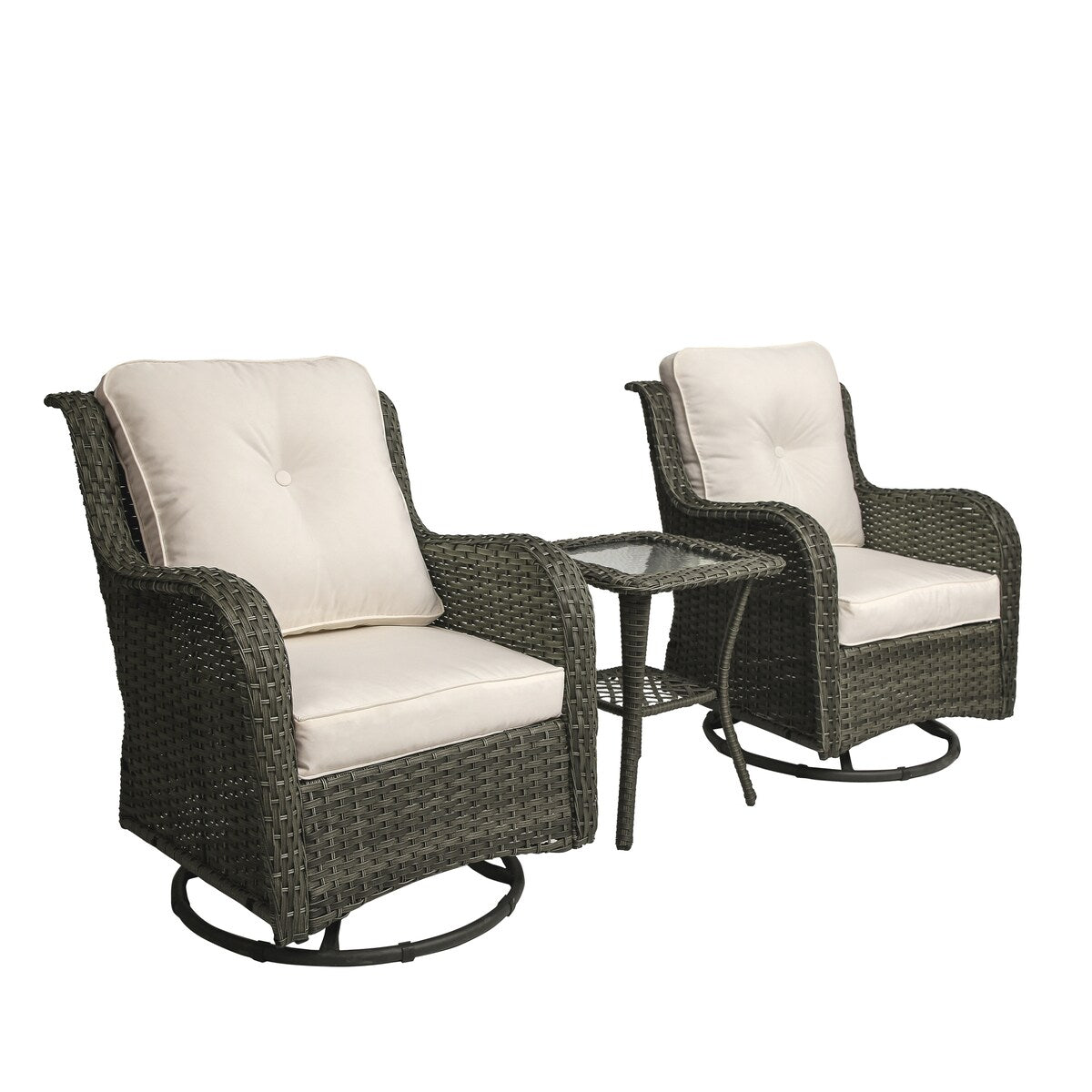 Set di 3 sedie a dondolo girevoli imbottite in rattan per patio con tavolino laterale