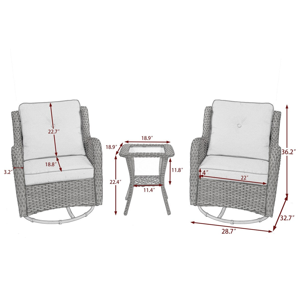 Set di 3 sedie a dondolo girevoli imbottite in rattan per patio con tavolino laterale