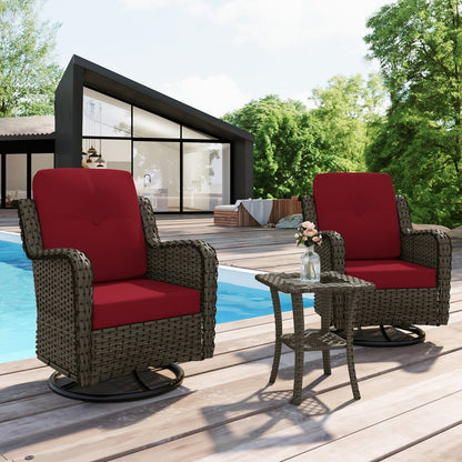 Set di 3 sedie a dondolo girevoli imbottite in rattan per patio con tavolino laterale