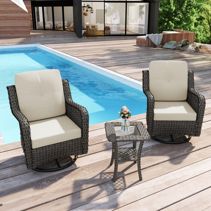 Set di 3 sedie a dondolo girevoli imbottite in rattan per patio con tavolino laterale