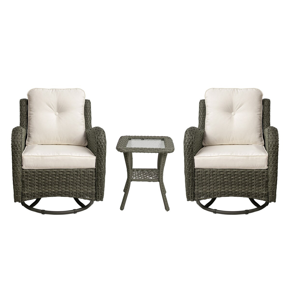 Set di 3 sedie a dondolo girevoli imbottite in rattan per patio con tavolino laterale