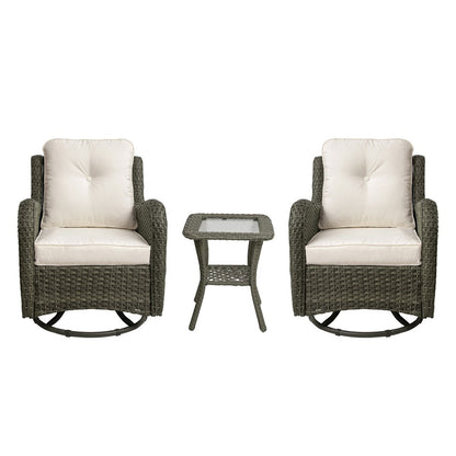 Set di 3 sedie a dondolo girevoli imbottite in rattan per patio con tavolino laterale