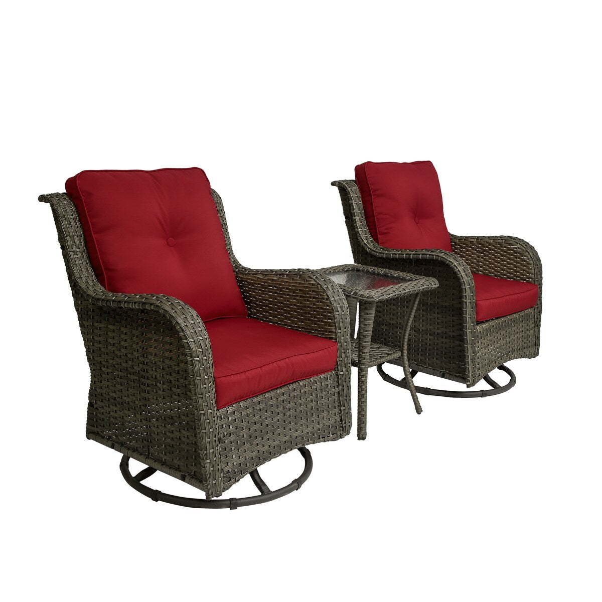 Set di 3 sedie a dondolo girevoli imbottite in rattan per patio con tavolino laterale