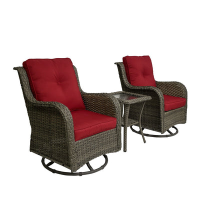 Set di 3 sedie a dondolo girevoli imbottite in rattan per patio con tavolino laterale