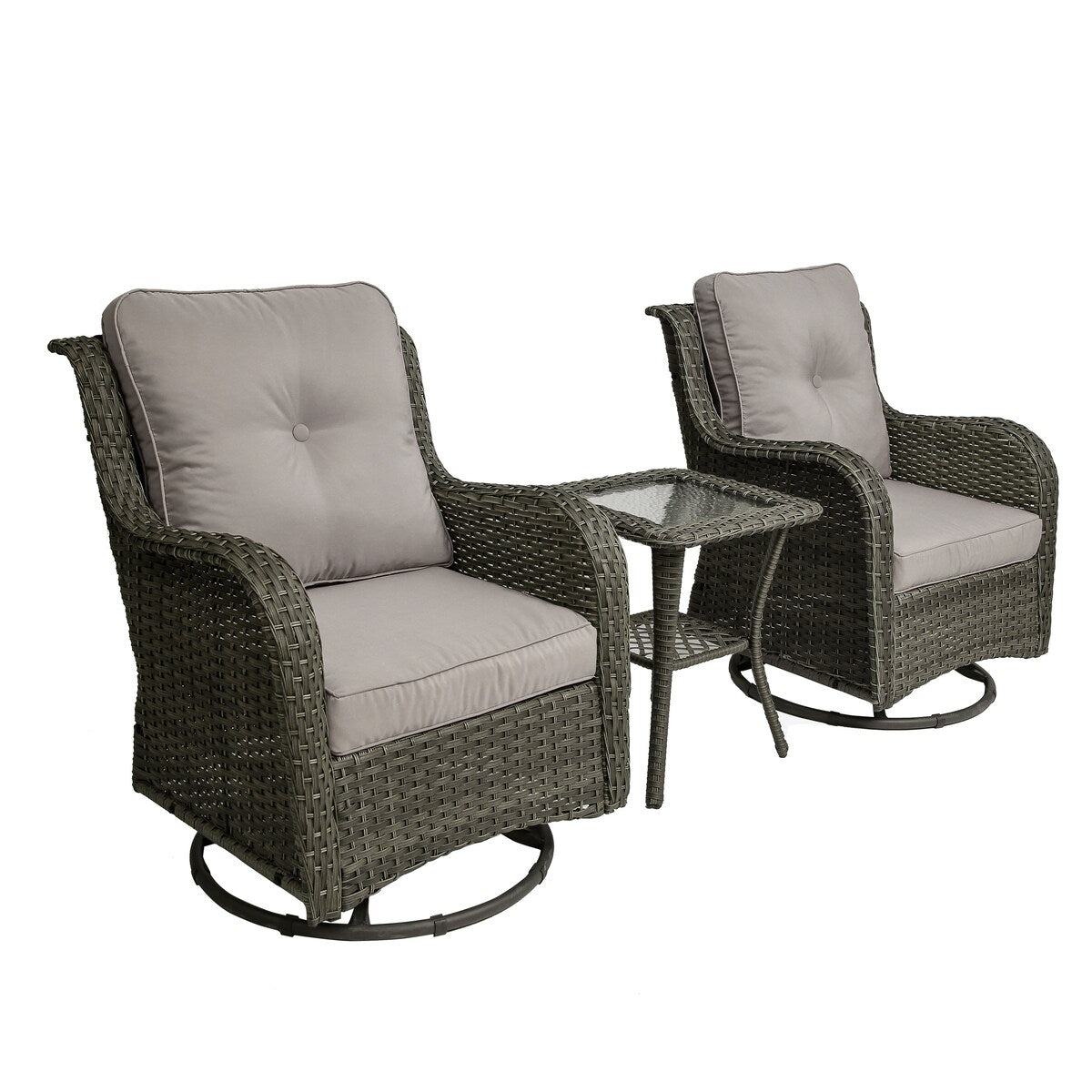 Set di 3 sedie a dondolo girevoli imbottite in rattan per patio con tavolino laterale