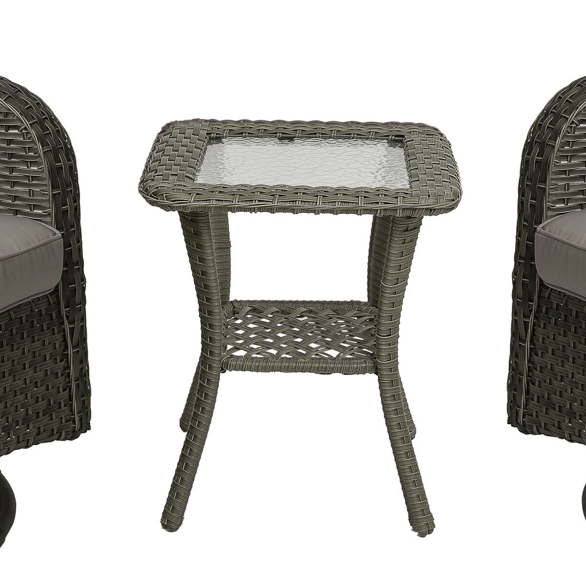 Set di 3 sedie a dondolo girevoli imbottite in rattan per patio con tavolino laterale