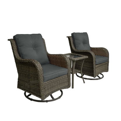 Set di 3 sedie a dondolo girevoli imbottite in rattan per patio con tavolino laterale