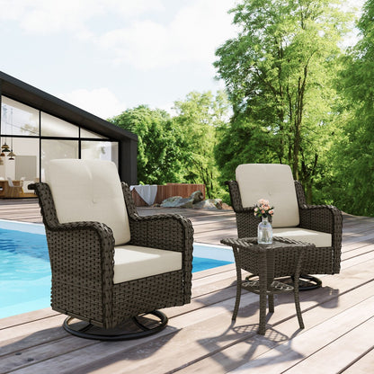 Set di 3 sedie a dondolo girevoli imbottite in rattan per patio con tavolino laterale