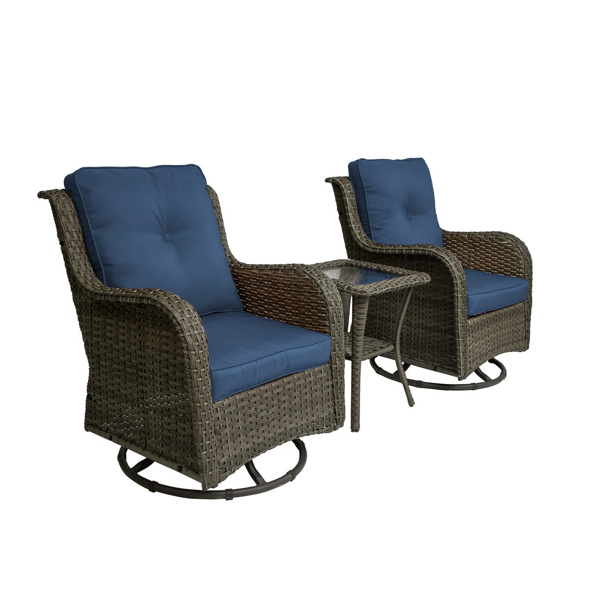 Set di 3 sedie a dondolo girevoli imbottite in rattan per patio con tavolino laterale