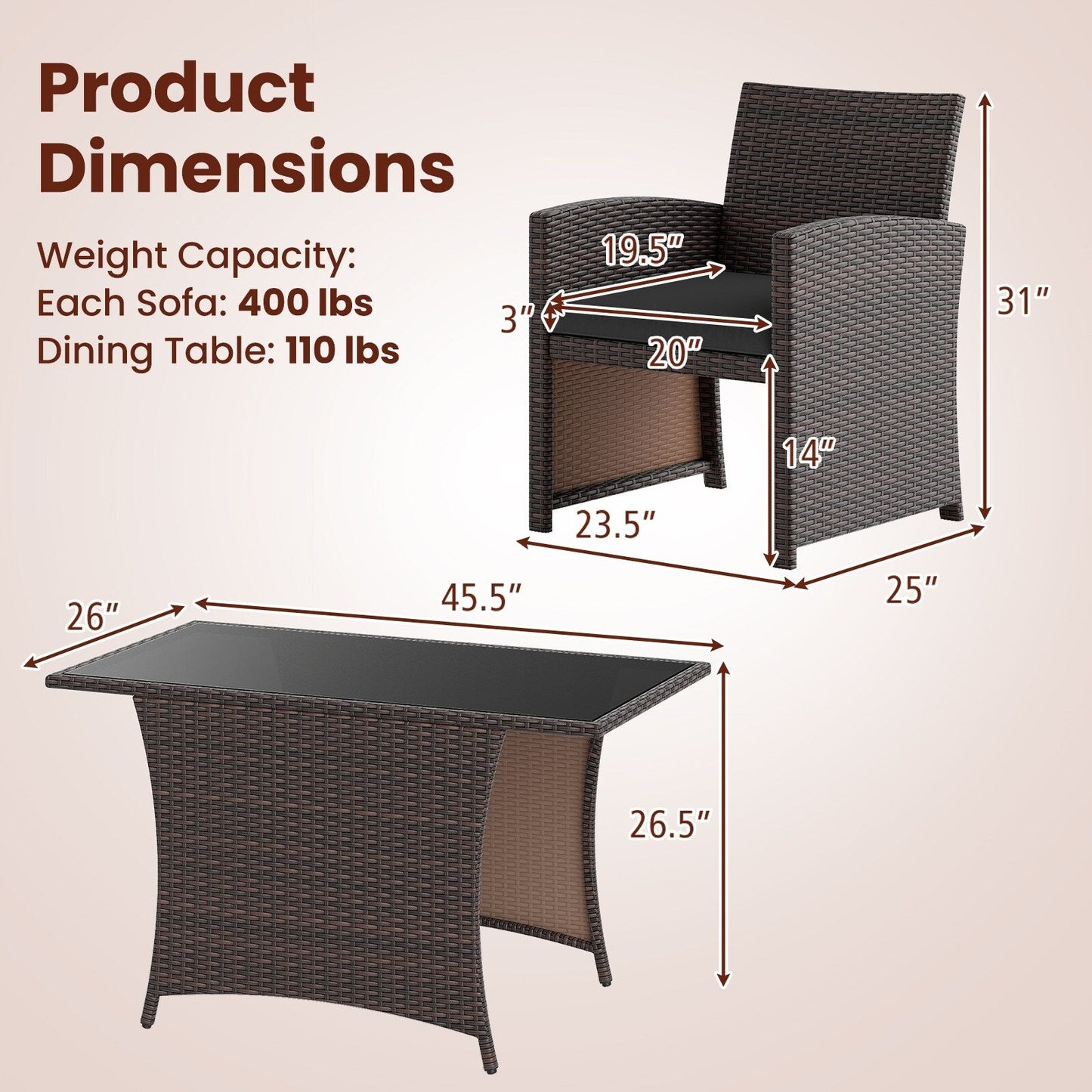 Set da pranzo in vimini da giardino, 3 pezzi, con tavolo in vetro e sedie imbottite - 25 x 23,5 x 31