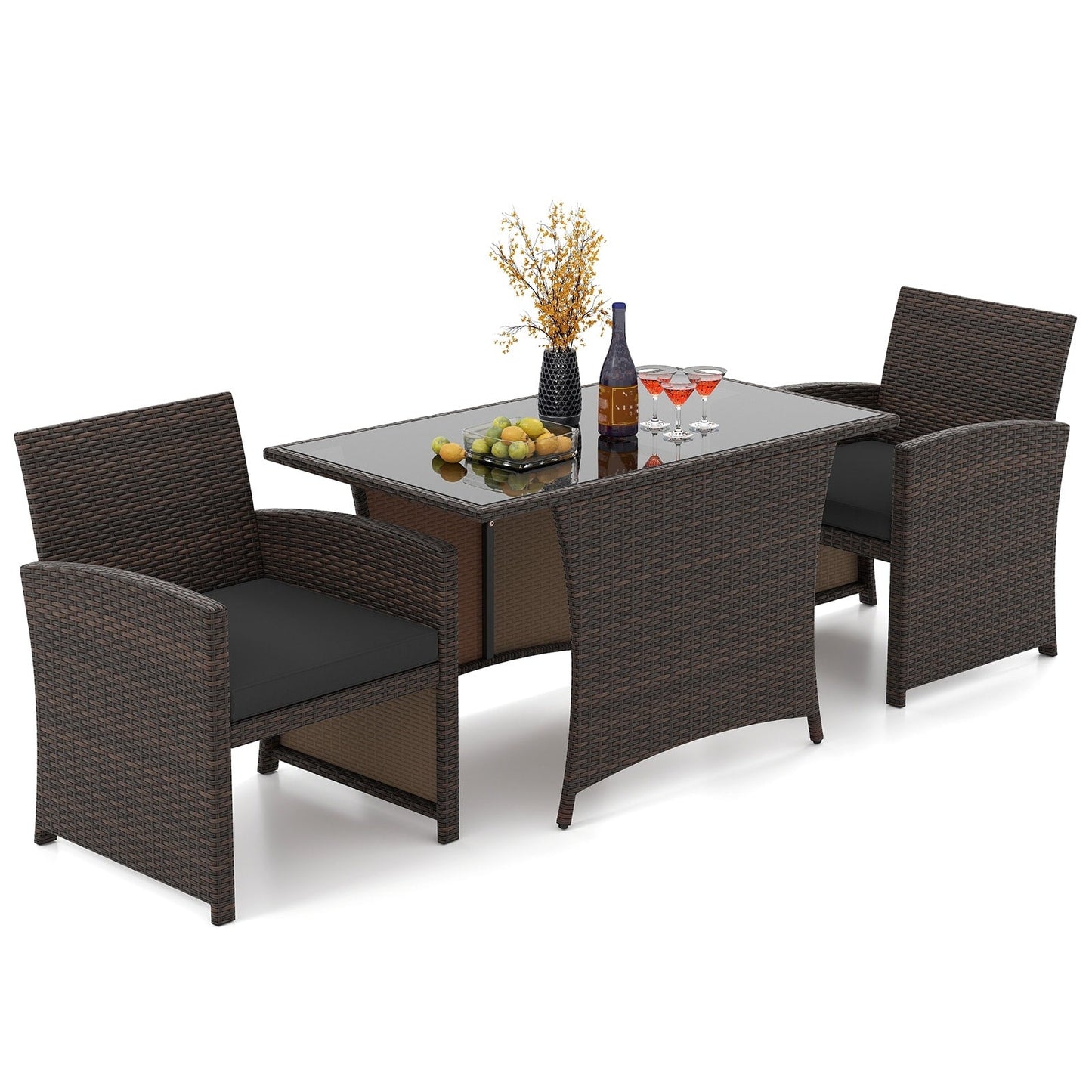 Set da pranzo in vimini da giardino, 3 pezzi, con tavolo in vetro e sedie imbottite - 25 x 23,5 x 31