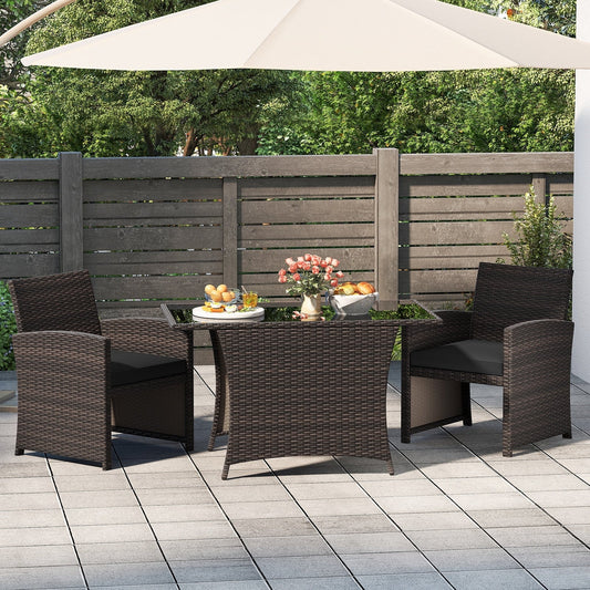 Set da pranzo in vimini da giardino, 3 pezzi, con tavolo in vetro e sedie imbottite - 25 x 23,5 x 31