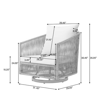Gruppo di sedute girevoli in corda intrecciata per patio, 3 pezzi, con cuscini