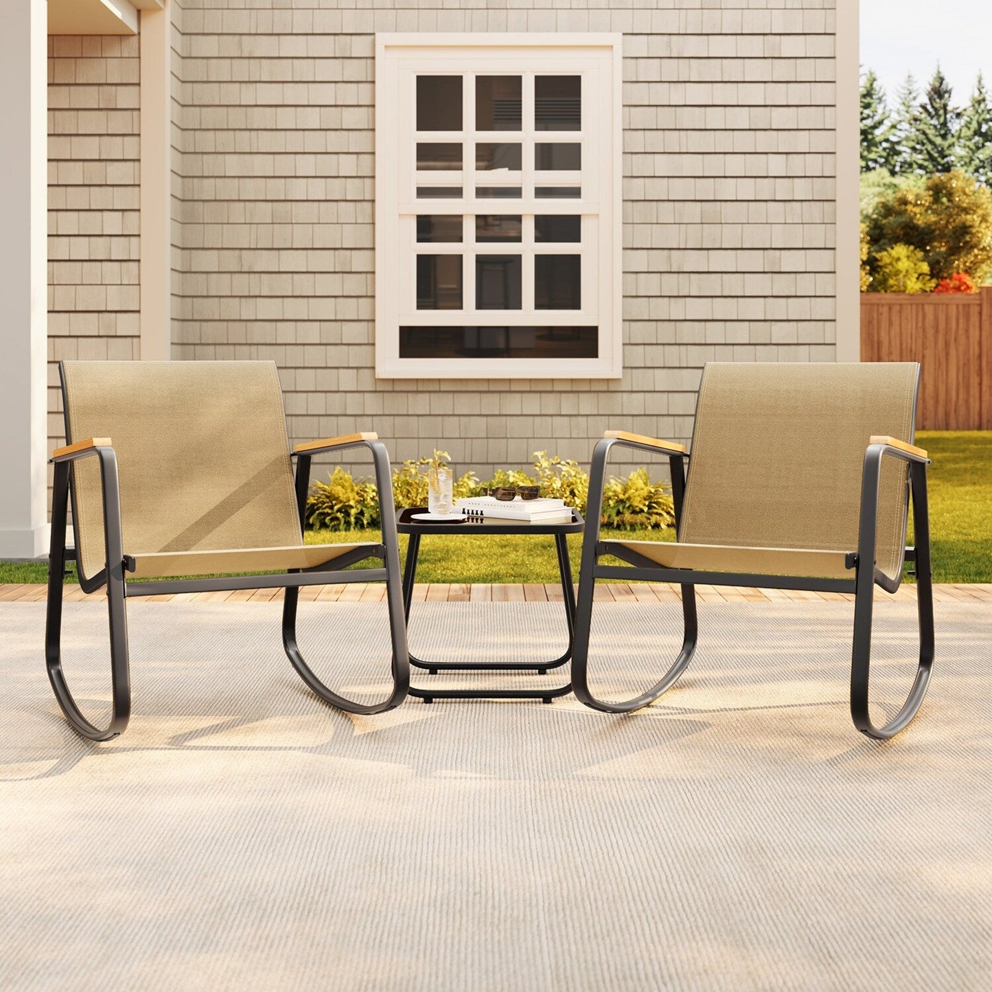 Set da bistrot a dondolo da 3 pezzi, set di mobili da giardino in tessuto textilene, sedie a dondolo per veranda