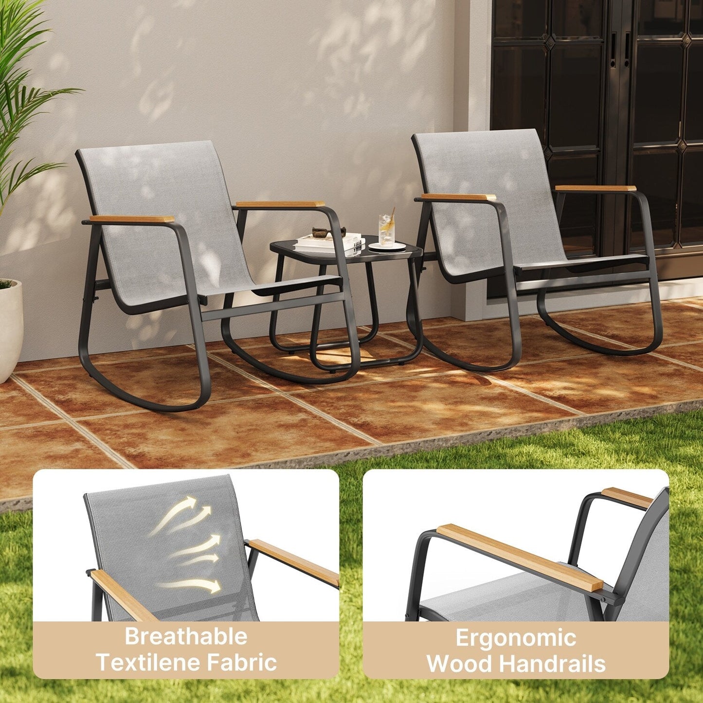 Set da bistrot a dondolo da 3 pezzi, set di mobili da giardino in tessuto textilene, sedie a dondolo per veranda