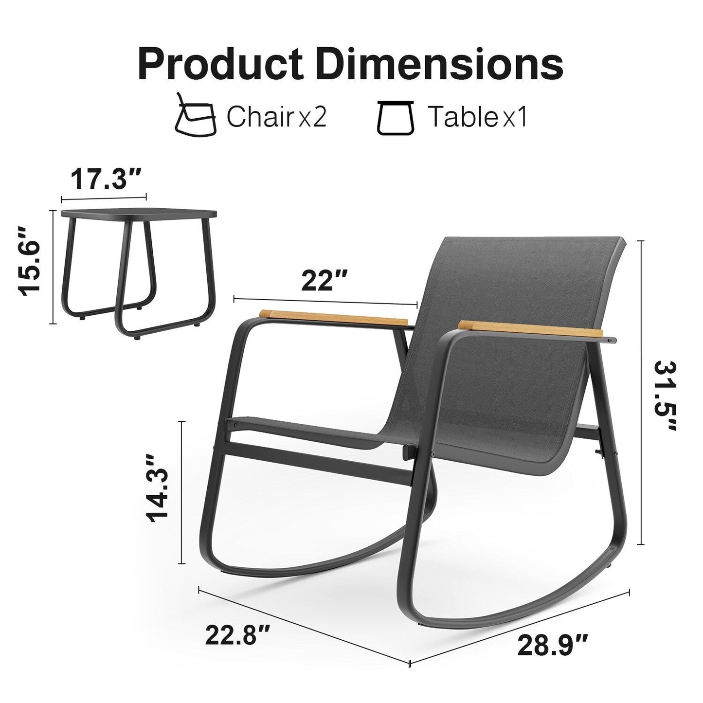 Set da bistrot a dondolo da 3 pezzi, set di mobili da giardino in tessuto textilene, sedie a dondolo per veranda