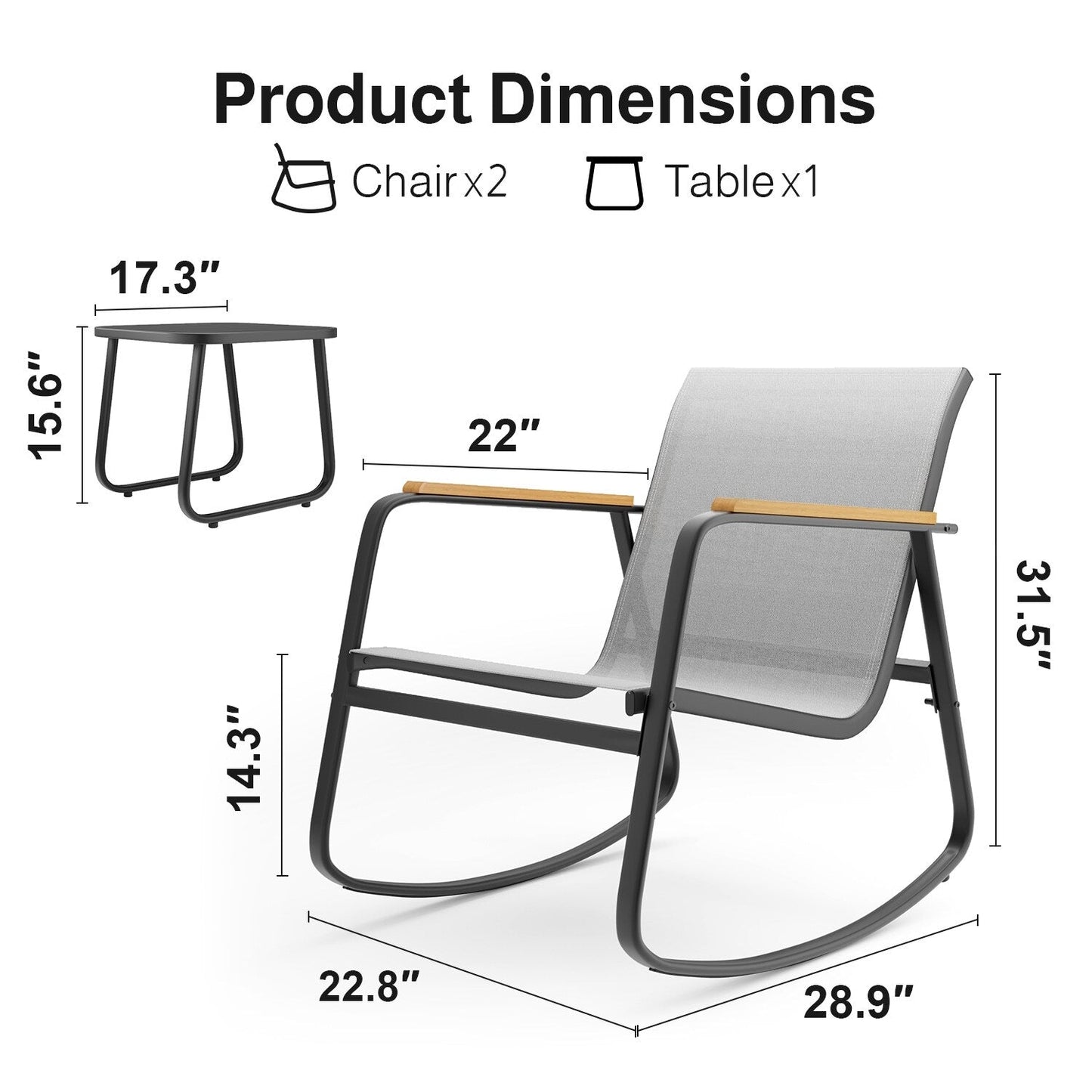 Set da bistrot a dondolo da 3 pezzi, set di mobili da giardino in tessuto textilene, sedie a dondolo per veranda