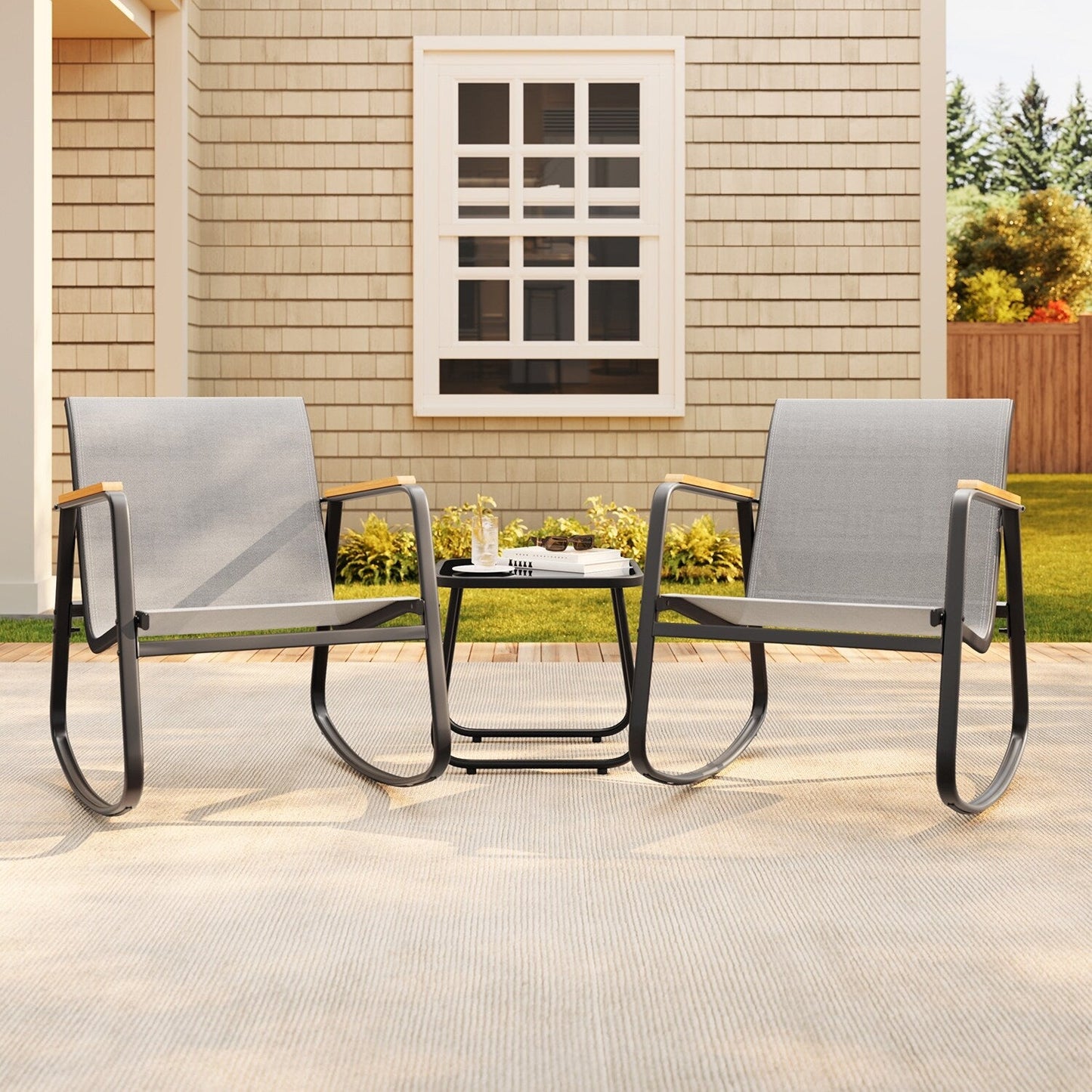 Set da bistrot a dondolo da 3 pezzi, set di mobili da giardino in tessuto textilene, sedie a dondolo per veranda