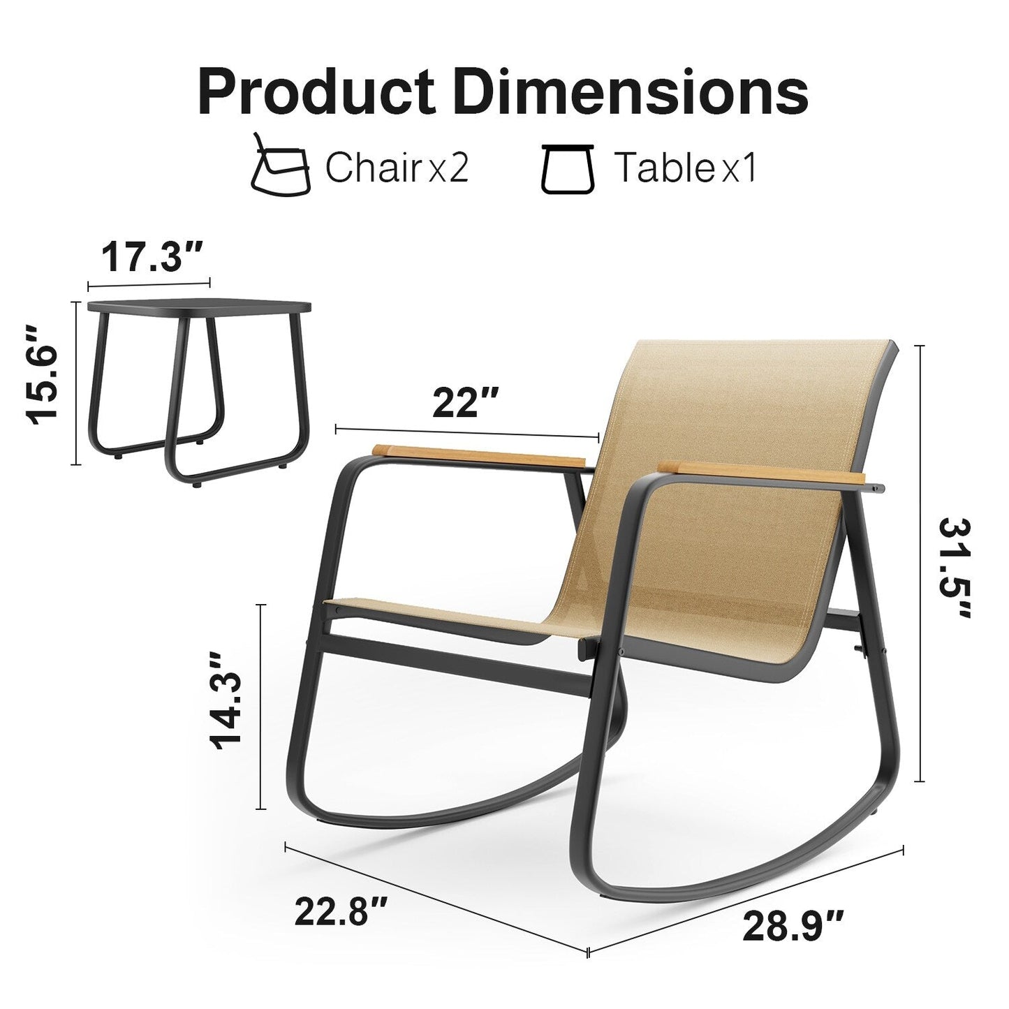 Set da bistrot a dondolo da 3 pezzi, set di mobili da giardino in tessuto textilene, sedie a dondolo per veranda