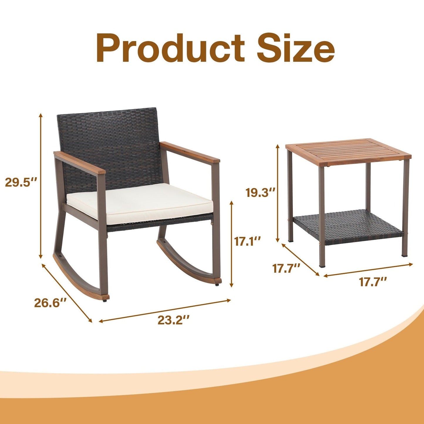 Set da 3 sedie a dondolo per patio, bistrot, sedie da balcone, set da conversazione con tavolino e cuscini