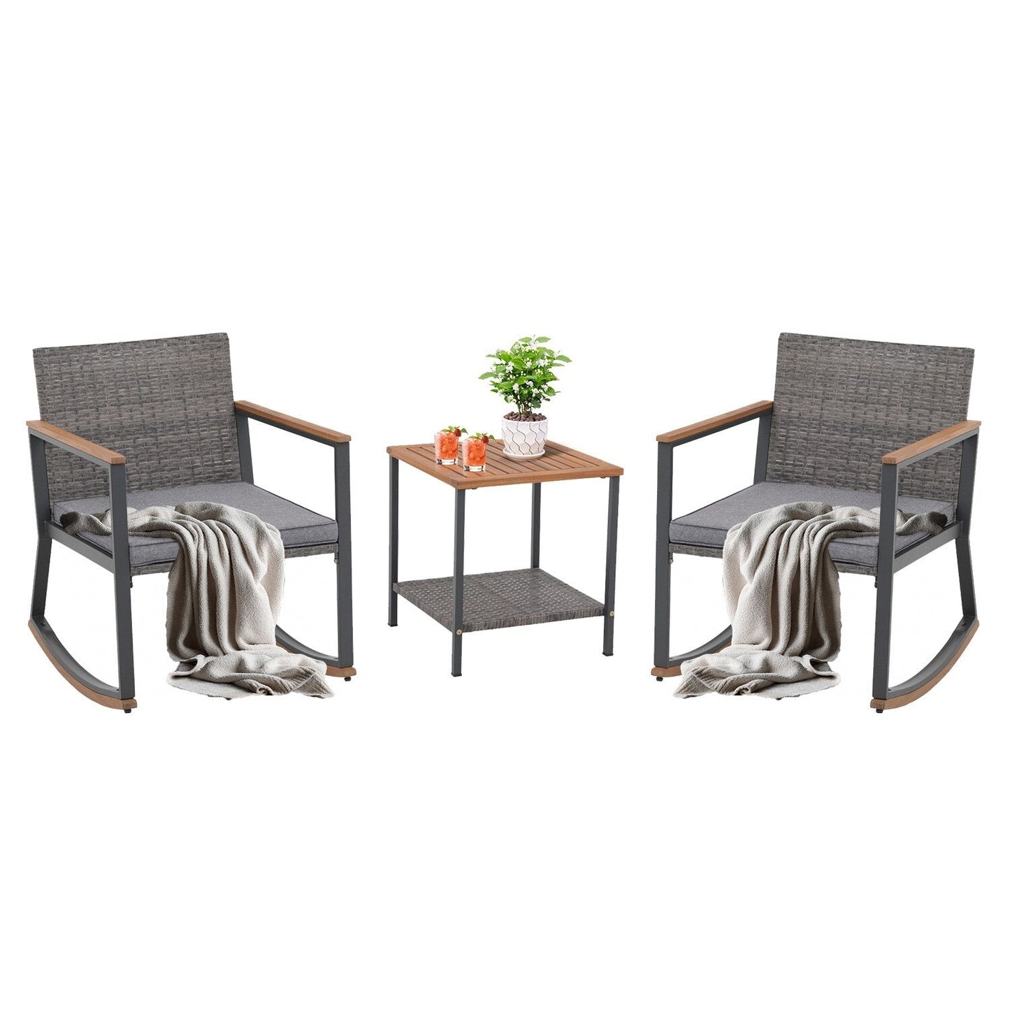 Set da 3 sedie a dondolo per patio, bistrot, sedie da balcone, set da conversazione con tavolino e cuscini