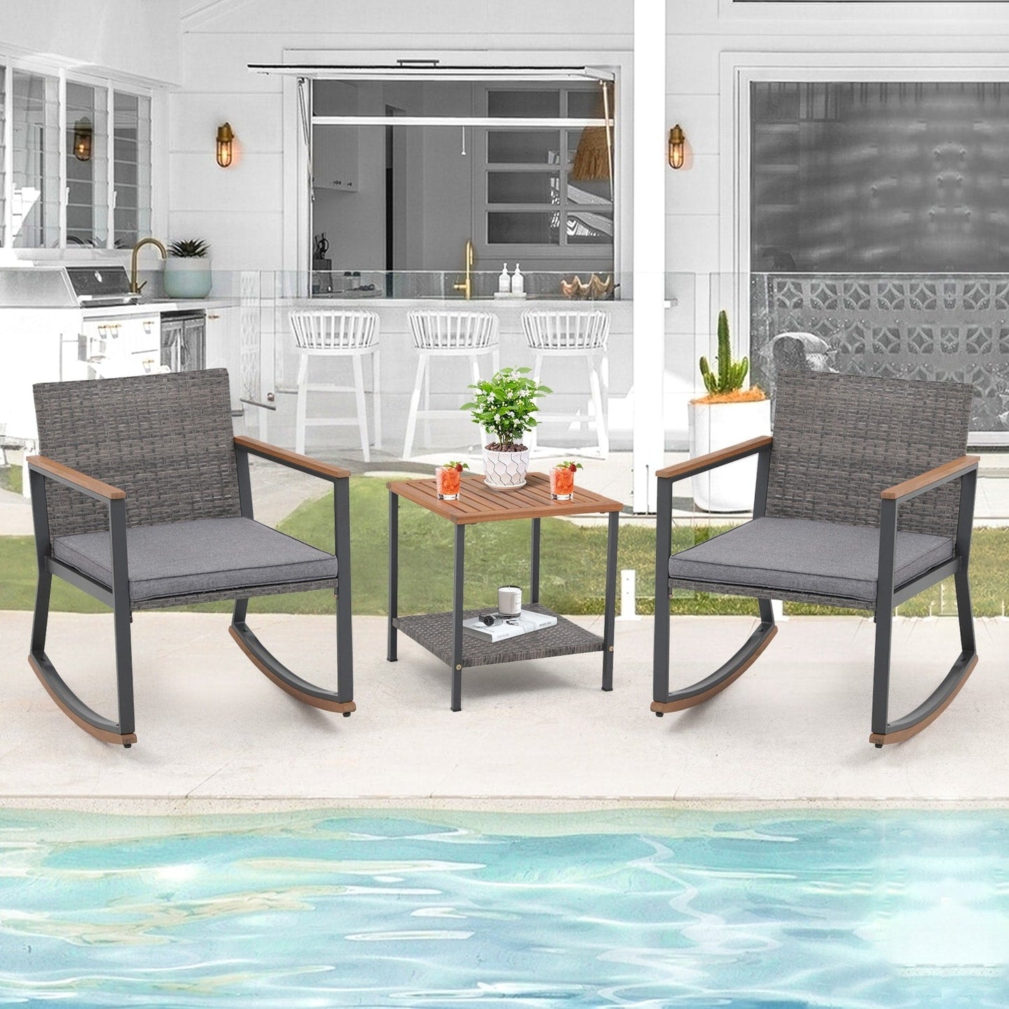 Set da 3 sedie a dondolo per patio, bistrot, sedie da balcone, set da conversazione con tavolino e cuscini