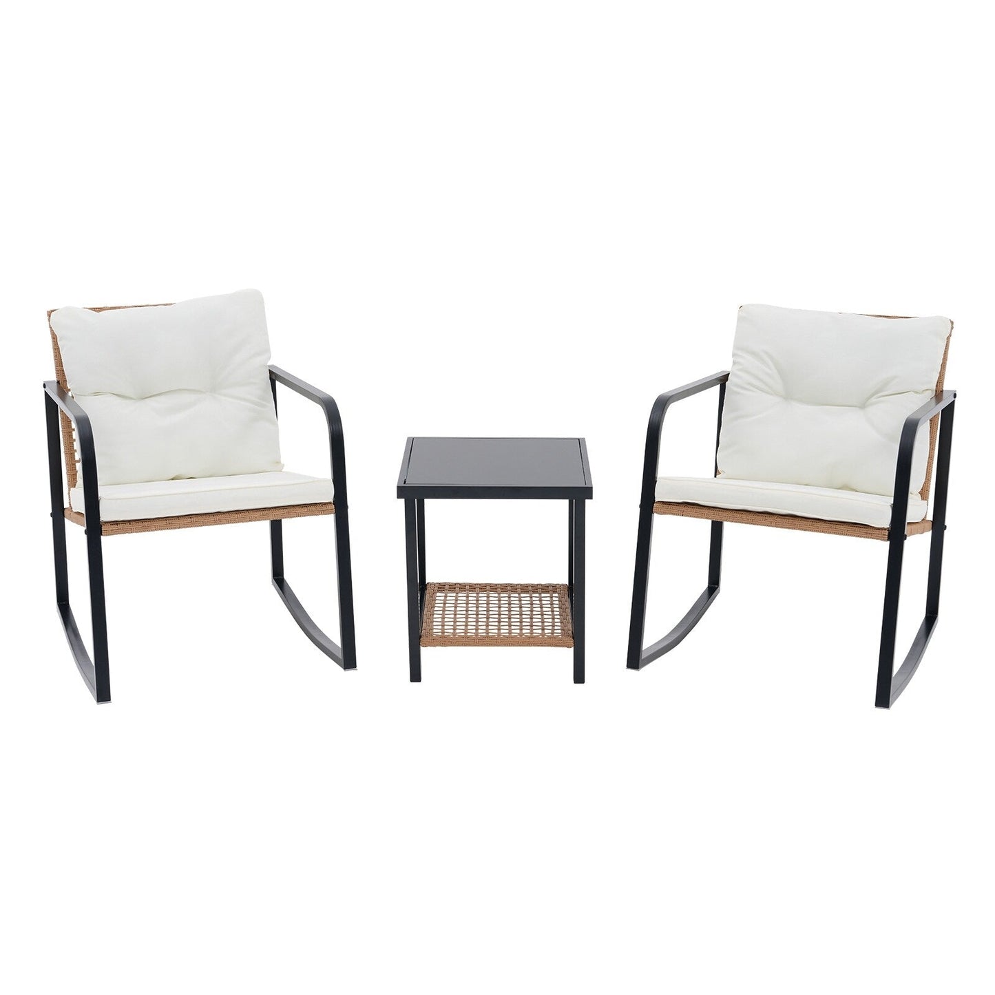 Set da 3 sedie a dondolo per patio, bistrot, sedie da balcone, set da conversazione con tavolino e cuscini