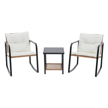 Set da 3 sedie a dondolo per patio, bistrot, sedie da balcone, set da conversazione con tavolino e cuscini