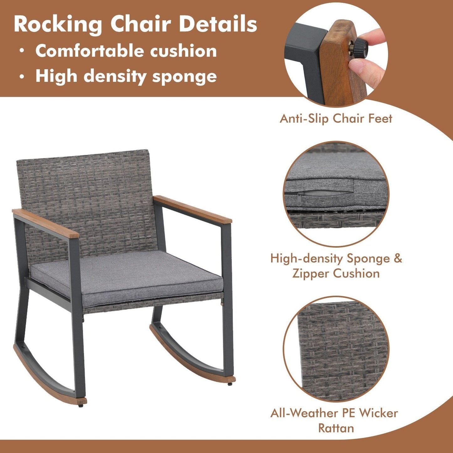 Set da 3 sedie a dondolo per patio, bistrot, sedie da balcone, set da conversazione con tavolino e cuscini