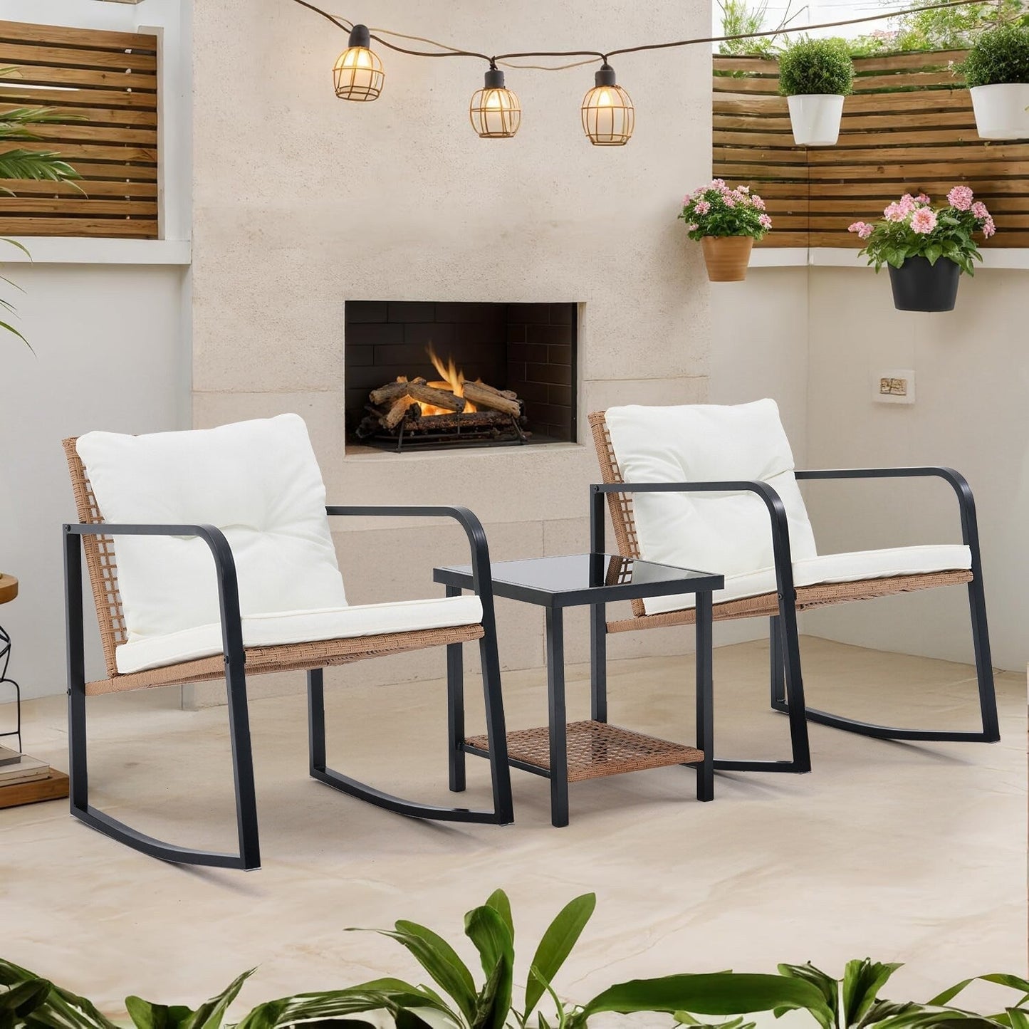 Set da 3 sedie a dondolo per patio, bistrot, sedie da balcone, set da conversazione con tavolino e cuscini