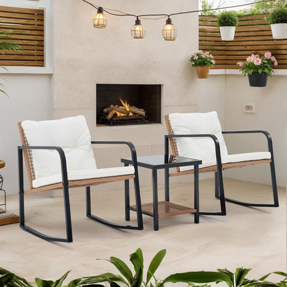 Set da 3 sedie a dondolo per patio, bistrot, sedie da balcone, set da conversazione con tavolino e cuscini