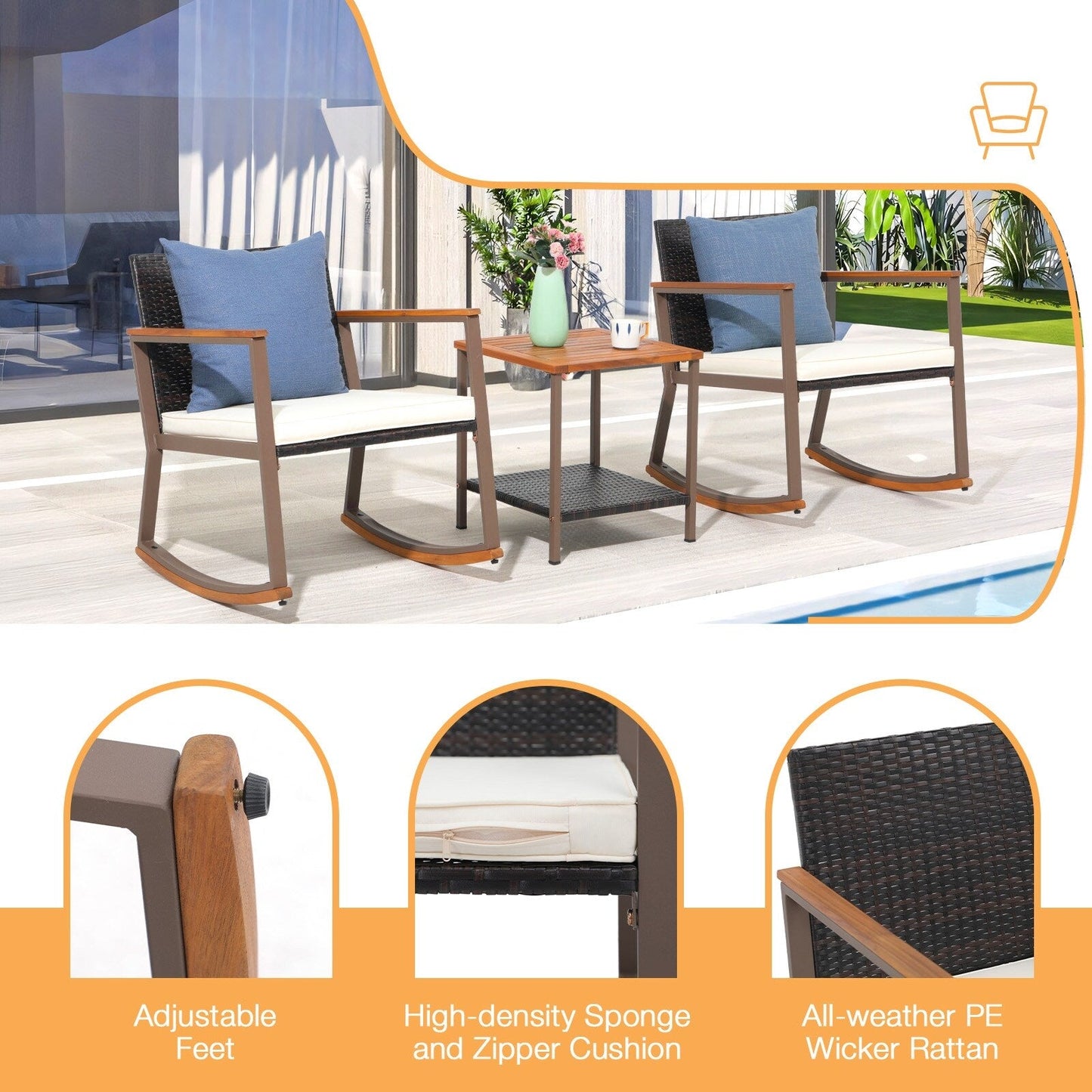Set da 3 sedie a dondolo per patio, bistrot, sedie da balcone, set da conversazione con tavolino e cuscini