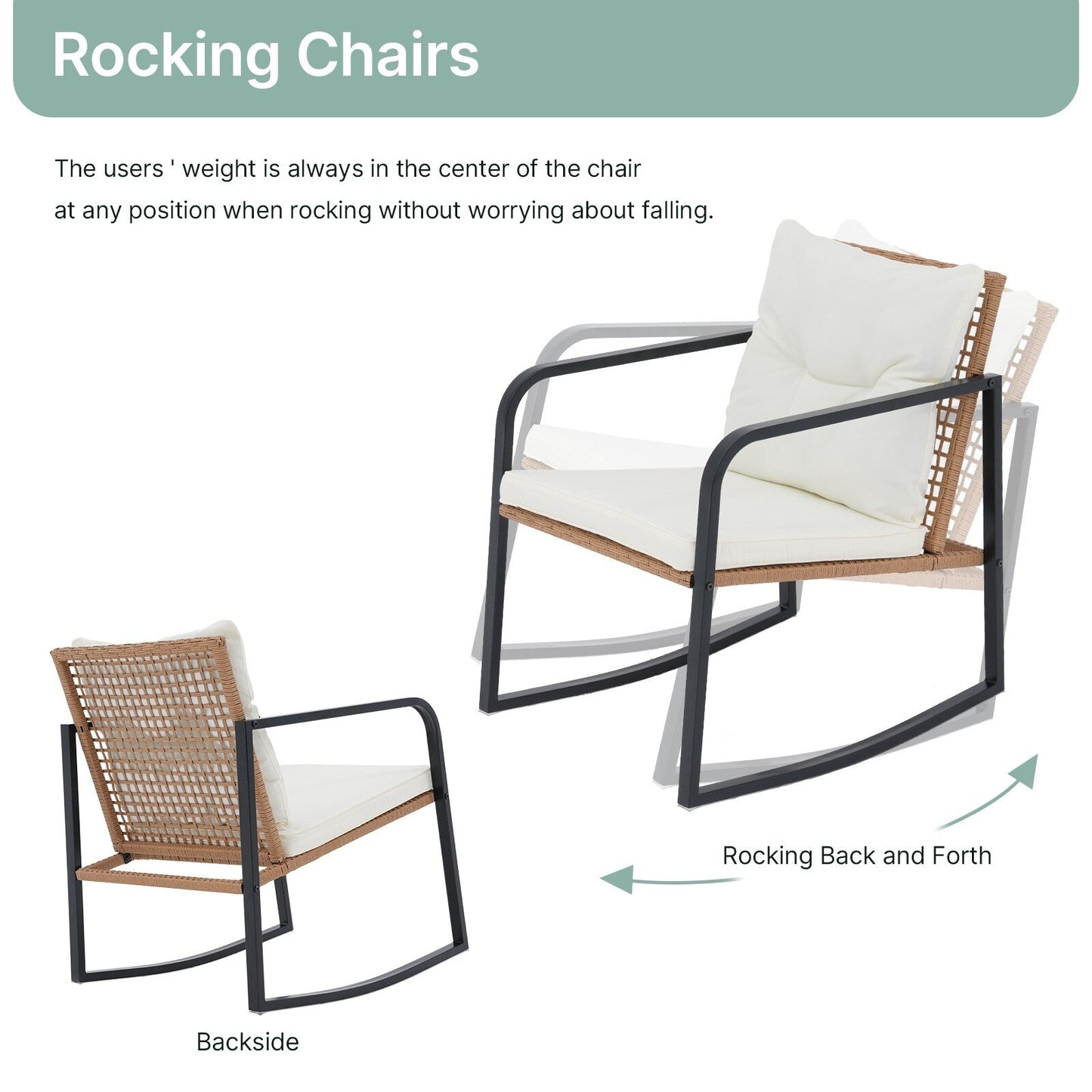 Set da 3 sedie a dondolo per patio, bistrot, sedie da balcone, set da conversazione con tavolino e cuscini